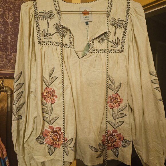 Farm Rio Sand Tropical Flower Embroidered LENZING™ ECOVERO™ Euroflax™ Blouse - Picture 2 of 3